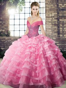 Suitable Lace Up 15 Quinceanera Dress Rose Pink for Military Ball and Sweet 16 and Quinceanera with Beading and Ruffled Layers Brush Train