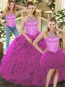 Dramatic Fuchsia Organza Lace Up Halter Top Sleeveless Floor Length Quinceanera Dresses Beading and Ruffles