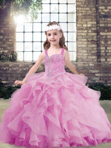 Perfect Lilac Ball Gowns Straps Sleeveless Tulle Floor Length Lace Up Beading and Ruffles Little Girls Pageant Dress Wholesale