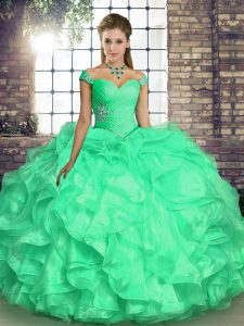 Floor Length Turquoise Quince Ball Gowns Organza Sleeveless Beading and Ruffles