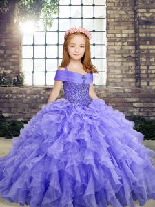 Popular Lavender Straps Lace Up Beading and Ruffles Kids Formal Wear Sleeveless