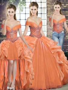 Off The Shoulder Sleeveless Quinceanera Dress Floor Length Beading and Ruffles Orange Organza