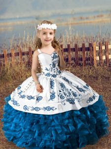 Affordable Blue Sleeveless Embroidery and Ruffles Floor Length Pageant Dress