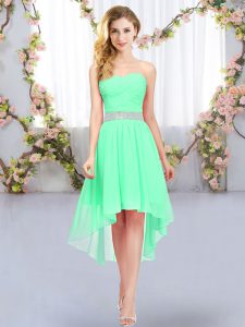 Super Green Empire Belt Quinceanera Dama Dress Lace Up Chiffon Sleeveless High Low