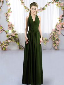 Edgy Floor Length Olive Green Quinceanera Court of Honor Dress Chiffon Sleeveless Ruching