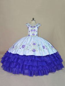 Deluxe Satin and Organza V-neck Sleeveless Lace Up Embroidery and Ruffled Layers Vestidos de Quinceanera in Blue and Purple