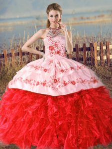 Custom Design Red Organza Lace Up Halter Top Sleeveless Floor Length Quinceanera Gowns Court Train Embroidery and Ruffles