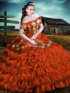 Sleeveless Organza Floor Length Lace Up 15th Birthday Dress in Rust Red with Embroidery and Ruffles