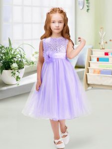 Scoop Sleeveless Girls Pageant Dresses Tea Length Sequins and Hand Made Flower Lavender Organza