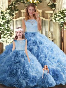 Baby Blue Sleeveless Fabric With Rolling Flowers Zipper Quince Ball Gowns for Military Ball and Sweet 16 and Quinceanera