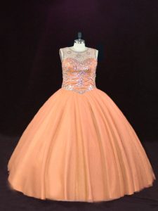 Extravagant Peach Ball Gowns Beading Sweet 16 Quinceanera Dress Lace Up Tulle Sleeveless Floor Length