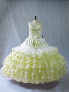 Sweet Ball Gowns Sweet 16 Dress Yellow Green Sweetheart Organza Sleeveless Floor Length