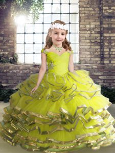 Floor Length Yellow Green Pageant Gowns For Girls Organza Sleeveless Beading and Ruffles