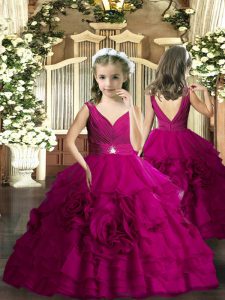 Fuchsia Backless V-neck Beading Girls Pageant Dresses Sleeveless