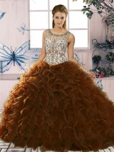 Noble Sleeveless Floor Length Beading and Ruffles Lace Up Quinceanera Dress with Brown