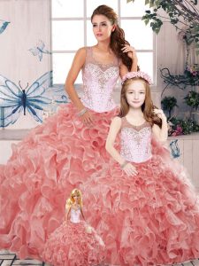Fitting Sleeveless Floor Length Beading and Ruffles Clasp Handle Vestidos de Quinceanera with Watermelon Red