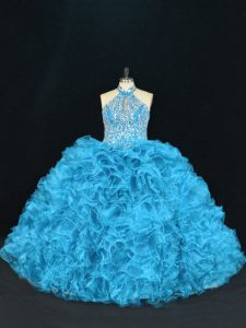 Decent Blue Sleeveless Floor Length Beading and Ruffles Lace Up Sweet 16 Dresses
