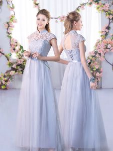 Luxurious Grey Cap Sleeves Lace Floor Length Quinceanera Dama Dress