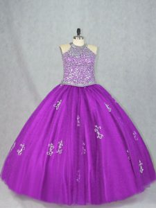 Tulle Sleeveless Floor Length 15th Birthday Dress and Beading and Appliques