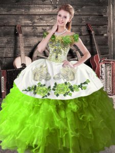 Sleeveless Organza Floor Length Lace Up Quince Ball Gowns in Green with Embroidery and Ruffles