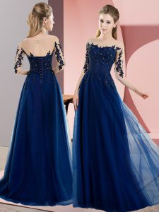 Navy Blue Dama Dress for Quinceanera Wedding Party with Beading and Lace Bateau Half Sleeves Lace Up