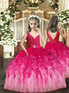 Attractive Hot Pink Sleeveless Beading and Ruffles Floor Length Little Girls Pageant Dress Wholesale