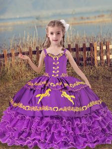 Eggplant Purple Organza Lace Up Little Girls Pageant Dress Sleeveless Floor Length Beading and Embroidery and Ruffled Layers