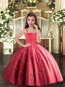 Ball Gowns Kids Pageant Dress Coral Red Straps Tulle Sleeveless Floor Length Lace Up
