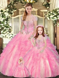 Romantic Baby Pink Ball Gowns Strapless Sleeveless Tulle Floor Length Lace Up Beading and Ruffles Sweet 16 Dress