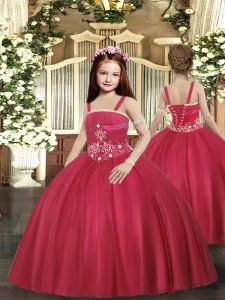 Dramatic Red Lace Up Little Girl Pageant Dress Beading Sleeveless Floor Length