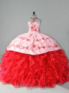Red Ball Gowns Organza Halter Top Sleeveless Embroidery and Ruffles Lace Up Quinceanera Gown Court Train