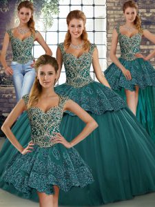 Green Straps Lace Up Beading and Appliques Ball Gown Prom Dress Sleeveless