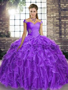 Smart Lavender Ball Gowns Organza Off The Shoulder Sleeveless Beading and Ruffles Lace Up Sweet 16 Dresses Brush Train