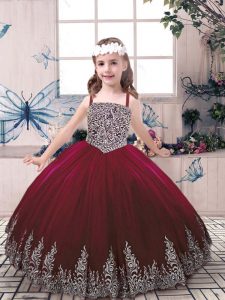 Trendy Floor Length Burgundy Little Girls Pageant Gowns Tulle Sleeveless Beading and Embroidery