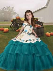 Latest Sleeveless Tulle Floor Length Lace Up Winning Pageant Gowns in Teal with Embroidery and Ruffled Layers