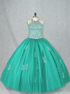 Hot Selling Turquoise Ball Gowns Beading and Appliques 15 Quinceanera Dress Lace Up Tulle Sleeveless Floor Length