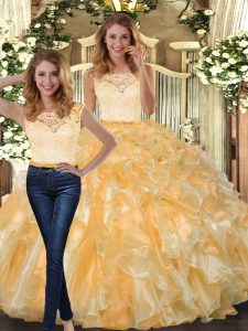 Luxury Sleeveless Floor Length Lace and Ruffles Clasp Handle Quince Ball Gowns with Gold