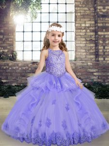 Attractive Sleeveless Tulle Floor Length Lace Up Little Girls Pageant Dress in Lavender with Beading and Appliques