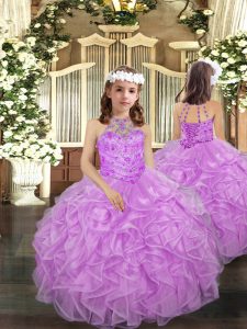 Lilac Little Girls Pageant Gowns Party and Quinceanera and Wedding Party with Beading and Ruffles Halter Top Sleeveless Lace Up