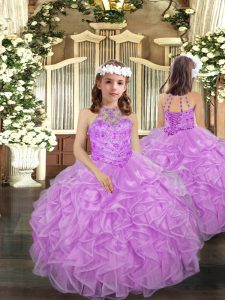 Lilac Little Girls Pageant Gowns Party and Quinceanera and Wedding Party with Beading and Ruffles Halter Top Sleeveless Lace Up