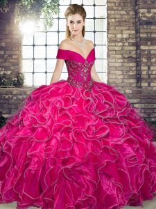 Hot Pink Lace Up Quinceanera Dresses Beading and Ruffles Sleeveless Floor Length