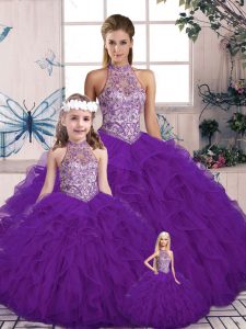 Dazzling Purple Sweet 16 Dress Military Ball and Sweet 16 and Quinceanera with Beading and Ruffles Halter Top Sleeveless Lace Up