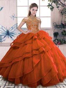 Glamorous Orange Sleeveless Floor Length Beading and Ruffled Layers Lace Up 15 Quinceanera Dress