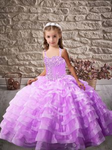 Fancy Lavender Lace Up Straps Beading and Ruffled Layers Kids Pageant Dress Organza Sleeveless Brush Train