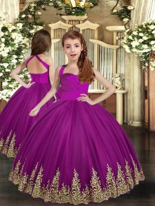 Purple Sleeveless Embroidery Asymmetrical Kids Formal Wear