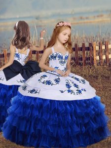 Royal Blue Straps Lace Up Embroidery and Ruffled Layers Child Pageant Dress Long Sleeves
