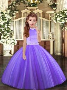 Lavender Tulle Backless Kids Pageant Dress Sleeveless Floor Length Beading