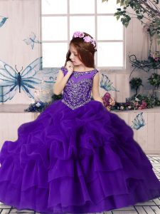 Super Floor Length Purple Little Girl Pageant Gowns Organza Sleeveless Beading and Pick Ups