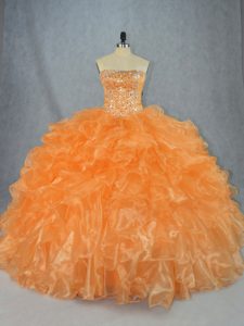 Ideal Strapless Sleeveless Organza 15 Quinceanera Dress Beading and Ruffles Lace Up