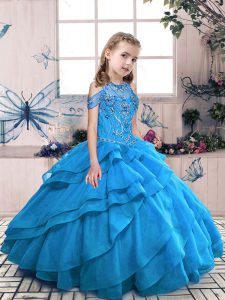 Classical Aqua Blue Organza Lace Up High-neck Sleeveless Floor Length Pageant Gowns For Girls Beading and Ruffles